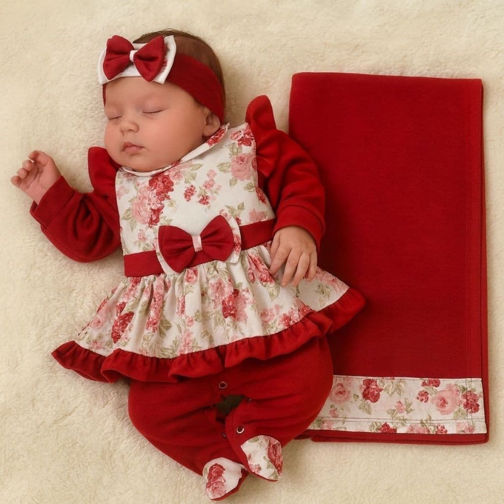 Saída Maternidade Menina Catarina Vermelho 5 Peças- Kit Maternidade Luxuosa Feminino
