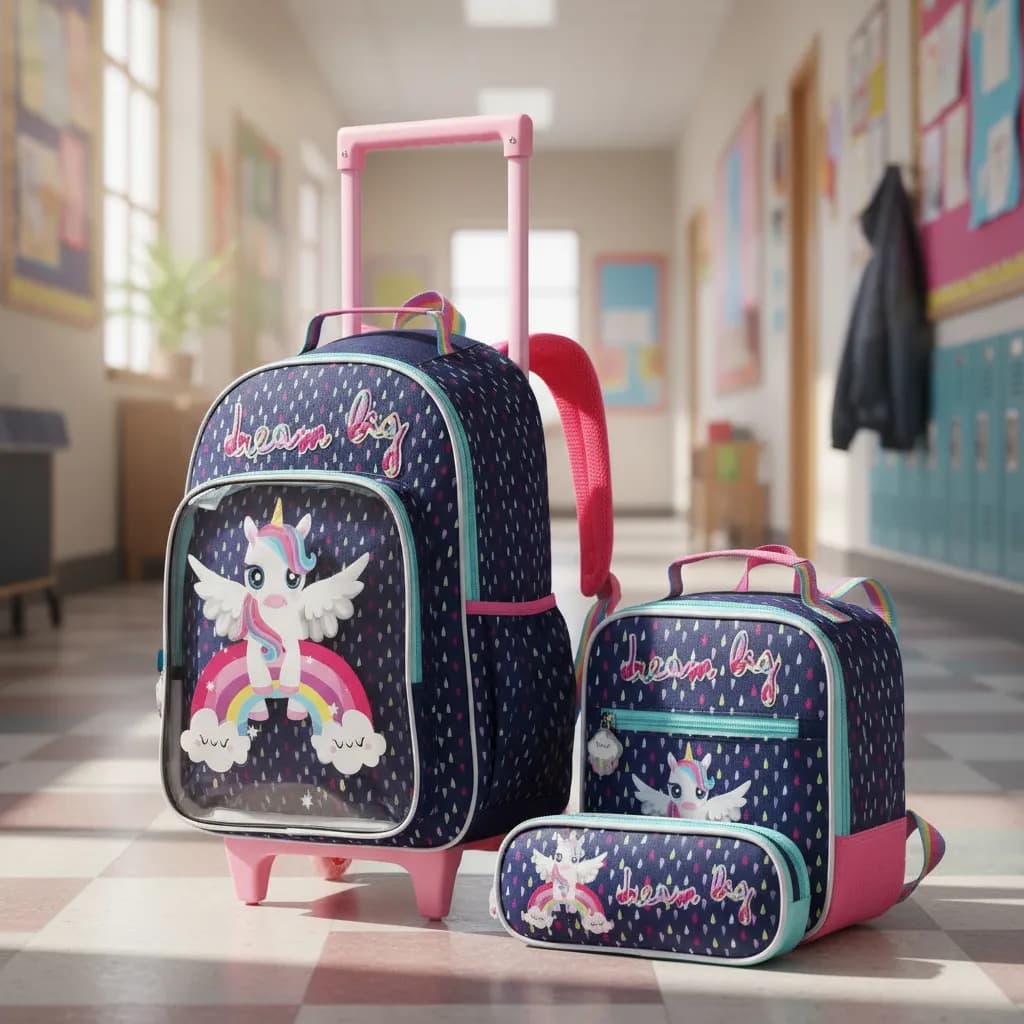 Kit Mochila Escolar Infantil Menina Bolsa Resistente Unicornio