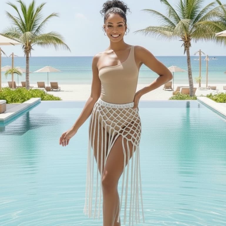 Saia Com Franja Longa de Crochê Moda Verão Saída Com Amarração Saída de Praia Feminina Tricot