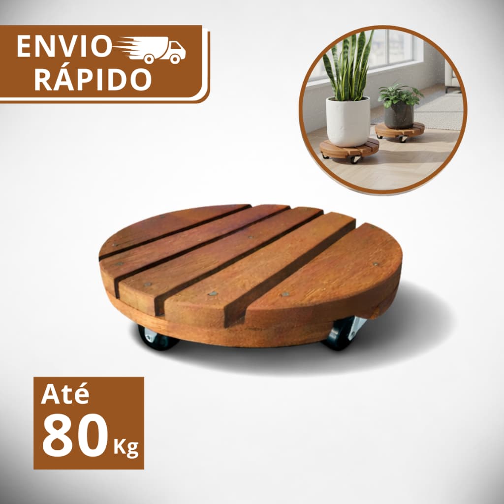 Suporte Redondo Madeira Com Rodinhas Para Botijão Ou Vaso De Planta 30CM  Suporta Até 80 kg