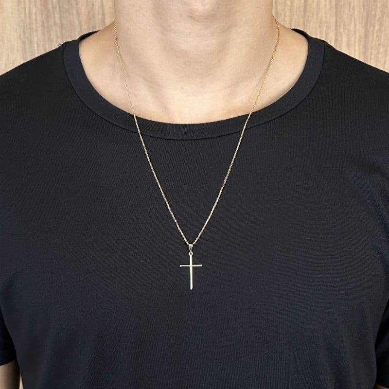 Cordão Masculino Cruz Palito Banhado a Ouro 18k 20 Camadas Corrente Veneziana 70cm