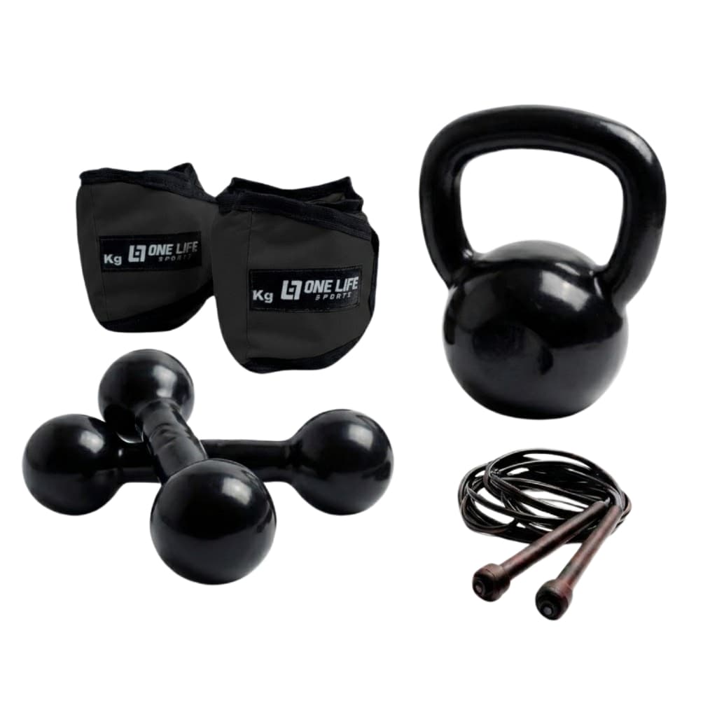 Kit Fitness Residencial | 9kg | One Life Sports® — Corda, Halter 2kg, Caneleira 3kg, Kettlebell 4kg