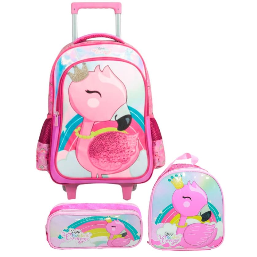 Kit Mochila Carrinho Infantil Flamingo Yepp com Lancheira e Estojo