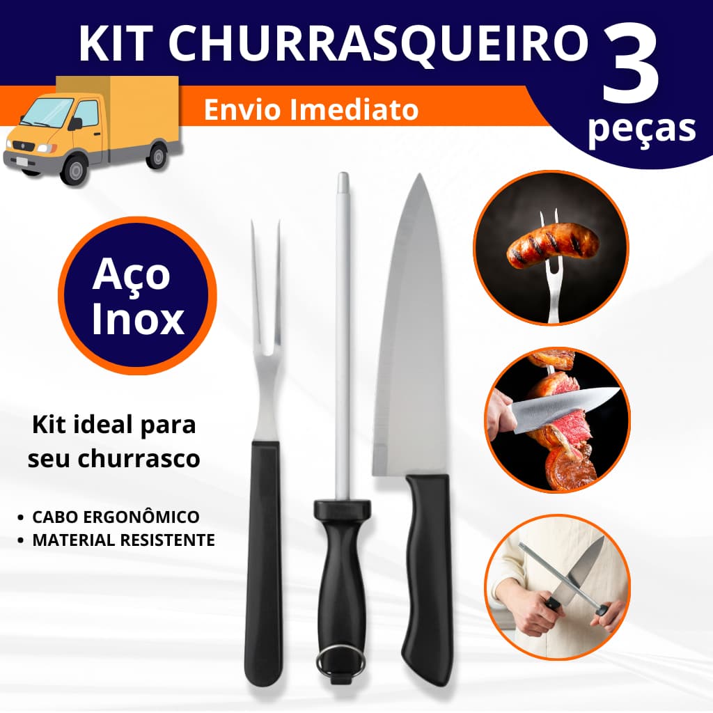 Kit Para Churrasco Completo Inox 3 Peças Faca de Corte Chaira Amolador Garfo Trinchante Churrasqueiro Profissional Chef