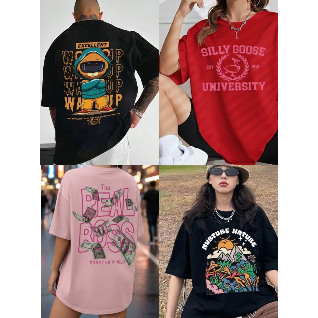 Kit 4 Camisetas Street Estampas Surpresa Sortidas Oversized Unissex Larga Top Várias Estampas