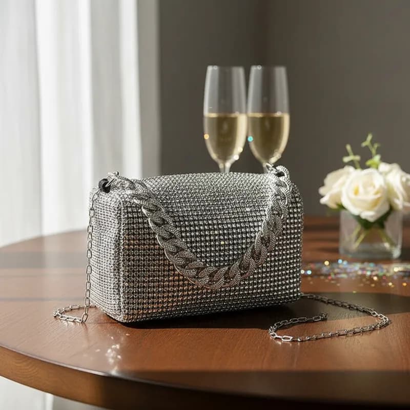 Bolsa Pequena Brilhosa Malha de Strass Mão Ombro Festa Noite