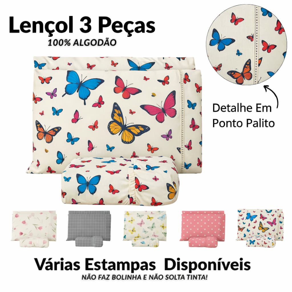 Jogo de Lençol 200 Fios 100% Algodão Percal Acabamento Ponto Palito Solteiro Casal Queen e King
