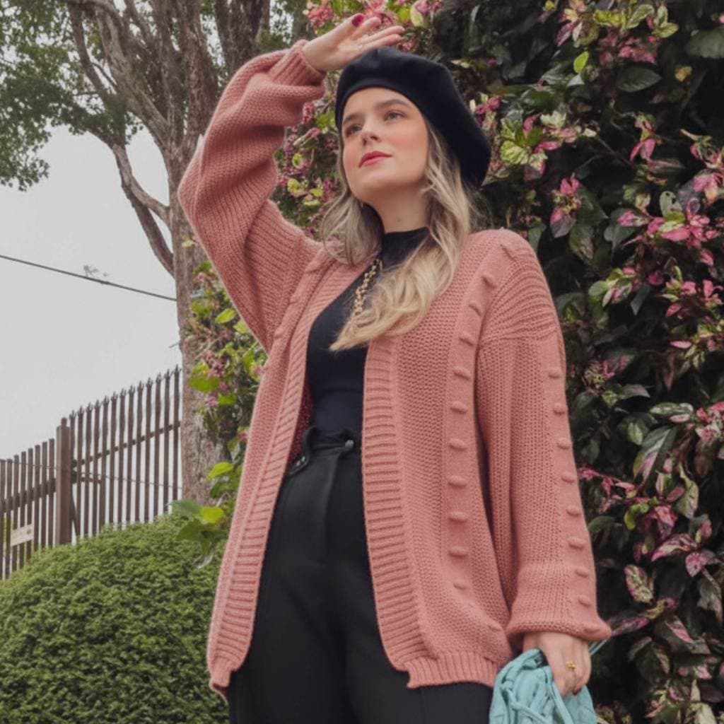Casaco Tricot Básico Manga Bufante Tricô Inverno Casaquinho Ponto Fang Agasalho Cardigan Kimono