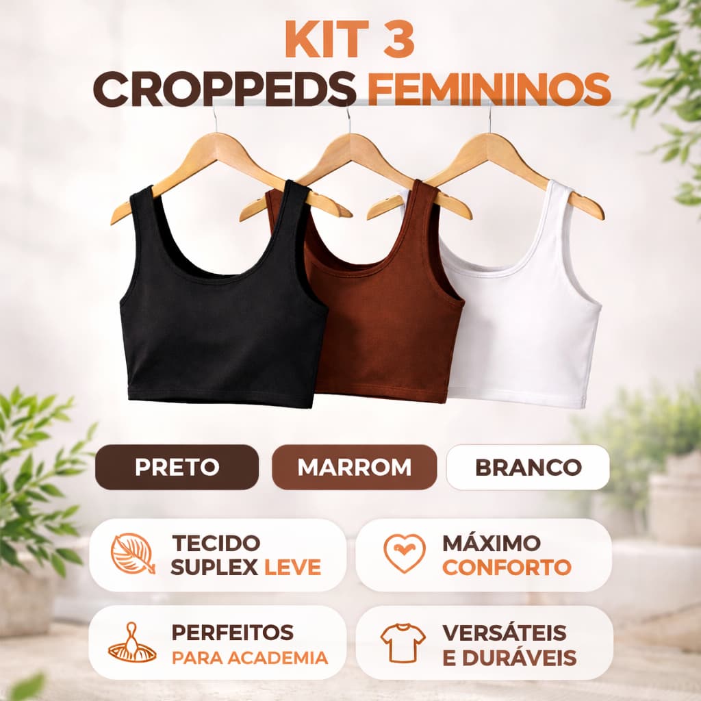 Kit 3 Croppeds Femininos Suplex Leve Preto Marrom Branco | Conforto Máximo, Versáteis, Ideais para Academia e Dia a Dia