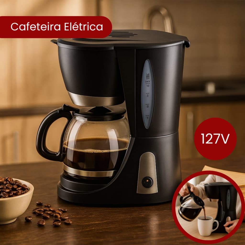 Cafeteira Elétrica 30 Xícaras Café Preta Jarra de Vidro Grande 127V