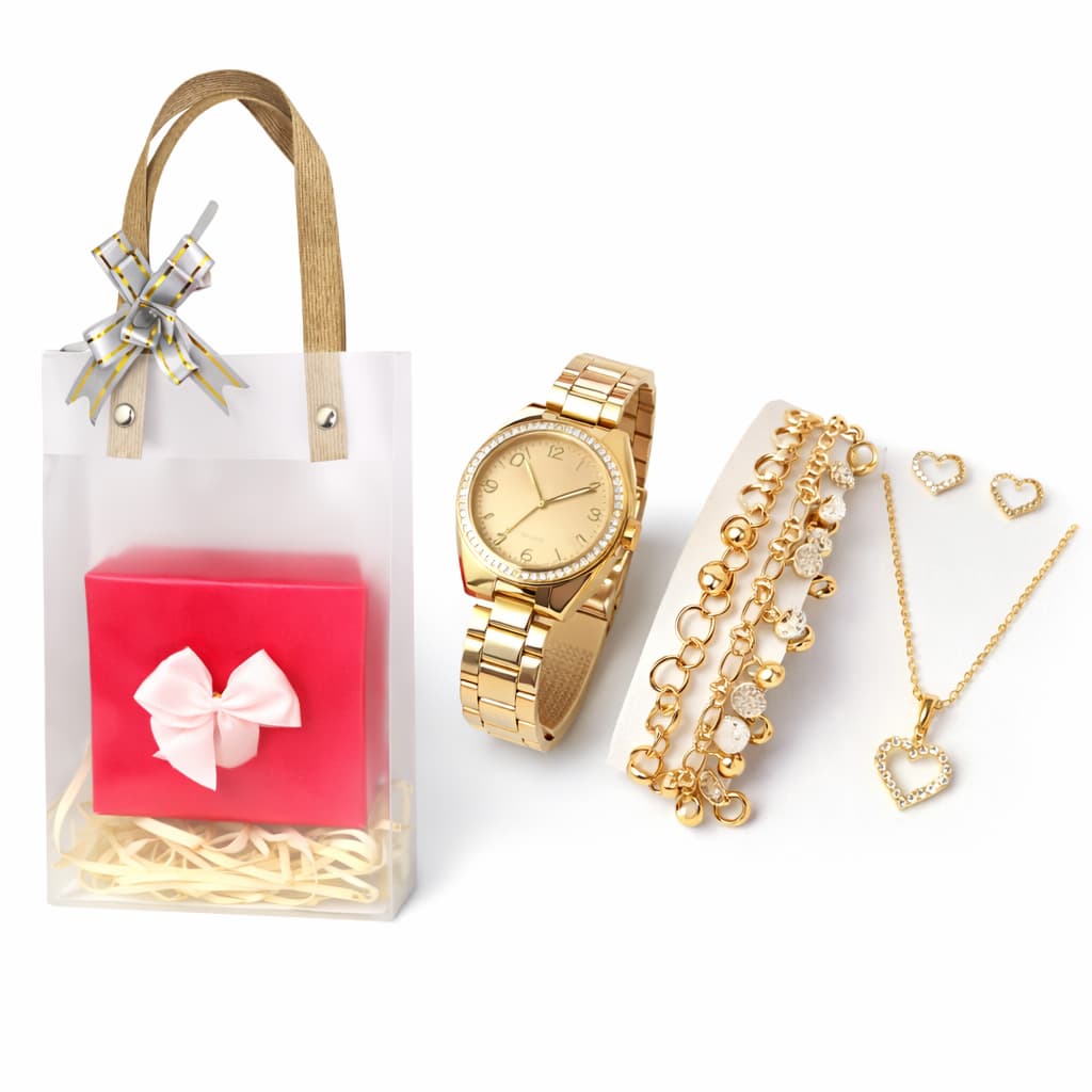 Kit Relógio Feminino Dourado + Colar Brincos Folheado Ouro + Pulseira C/ Caixa/ Sacola - Presente dia das Mães, Natal
