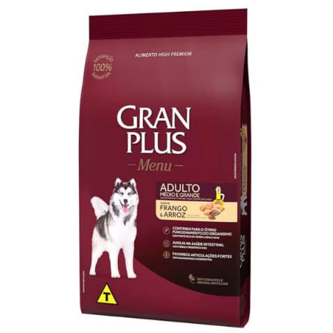 Gran Plus Menu Ração Cães cachorro pet frango e arroz adulto porte médio e grande 15kg