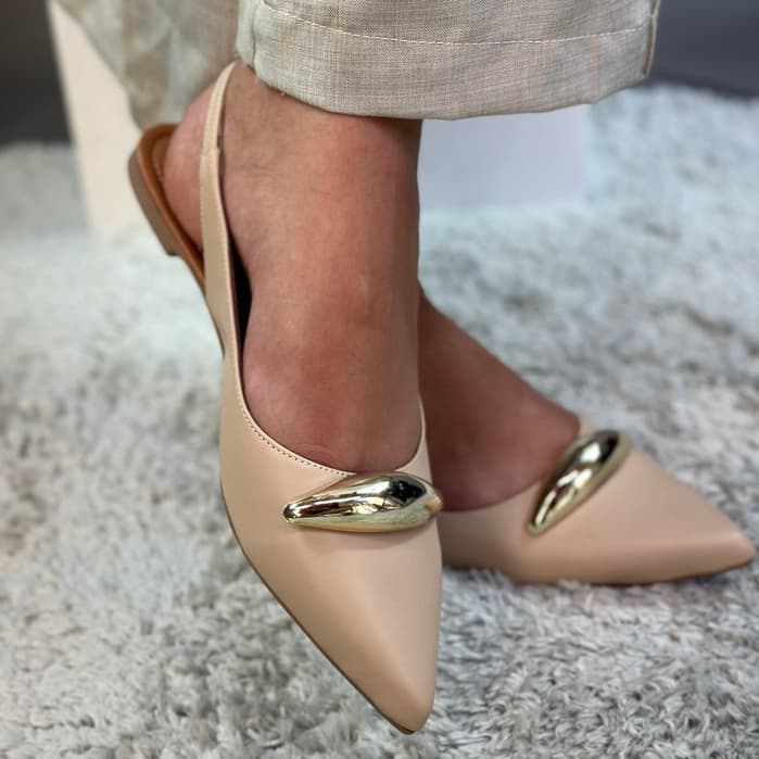 Sapatilha Slingback Feminina Nude Gota Glow Rasteira Bico Fino Social Confortável