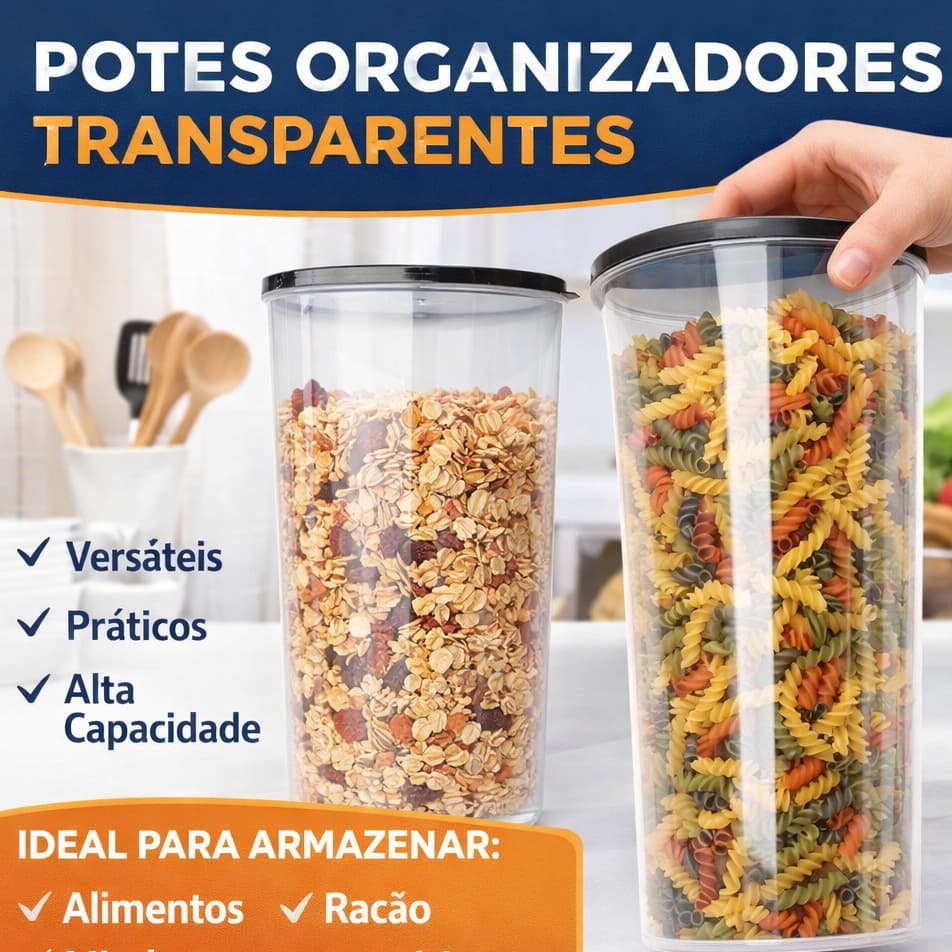 Conjunto 2 potes organizador resistente transparente cozinha linha premium despensa macarrão arroz