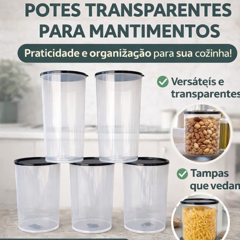 Kit 5 potes grande plastico multiuso transparente cozinha veda bem cereal feijão biscoito macarrão