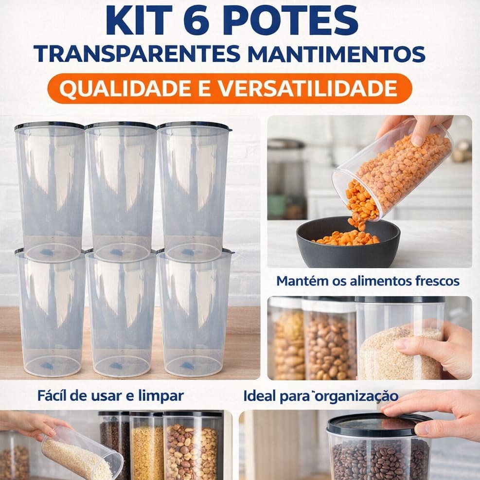 Conjunto 6 pote plastico com tampa veda preta organizar guardar alimentos mantimento armario cozinha