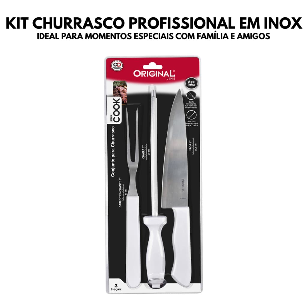 Kit Churrasco Profissional 3 Peças em Aço Inox Cook Original Line