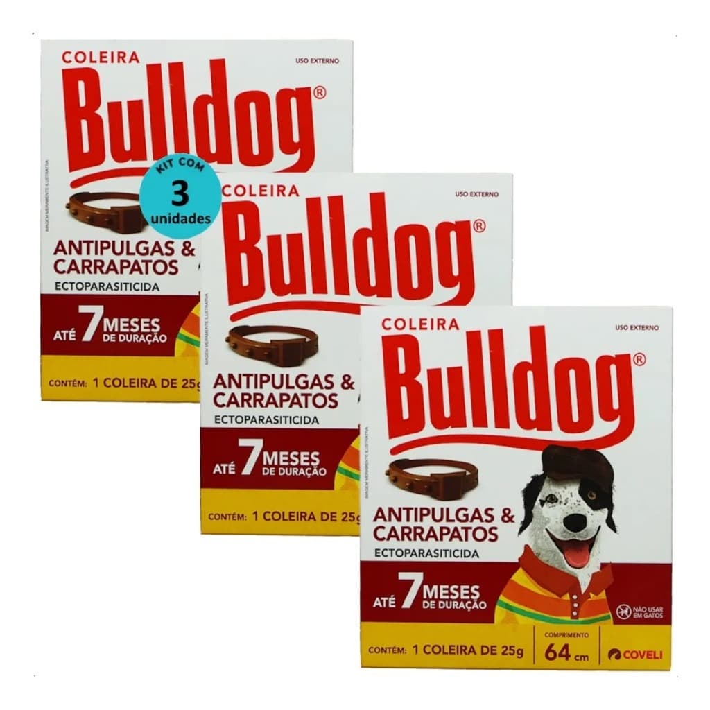 Coleira Antipulgas Carrapatos Bulldog 7 64cm 25g Cães Kit 3
