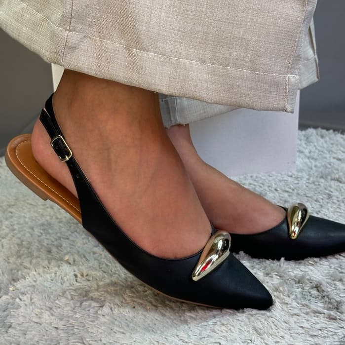 Sapatilha Slingback Feminina Preta Gota Glow Rasteira Bico Fino Elegante Confortável
