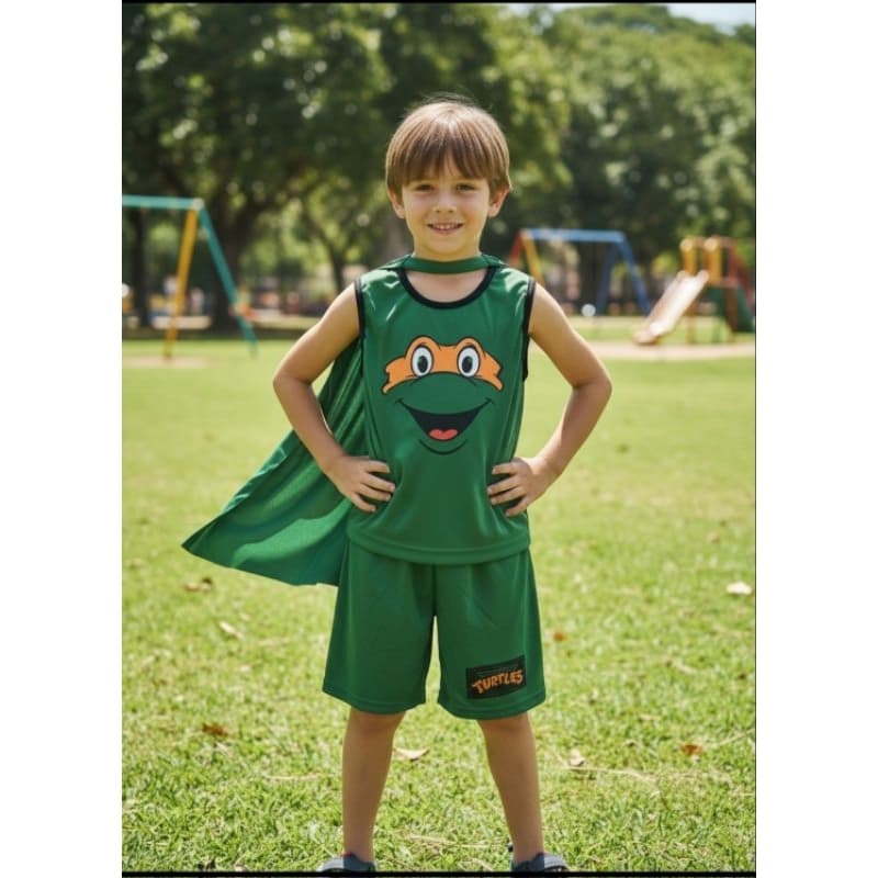 Fantasia Infantil Tartarugas Ninja com Capa - Conjunto Short e Camiseta Verde - Menino 2 a 10 Anos para Carnaval e festa