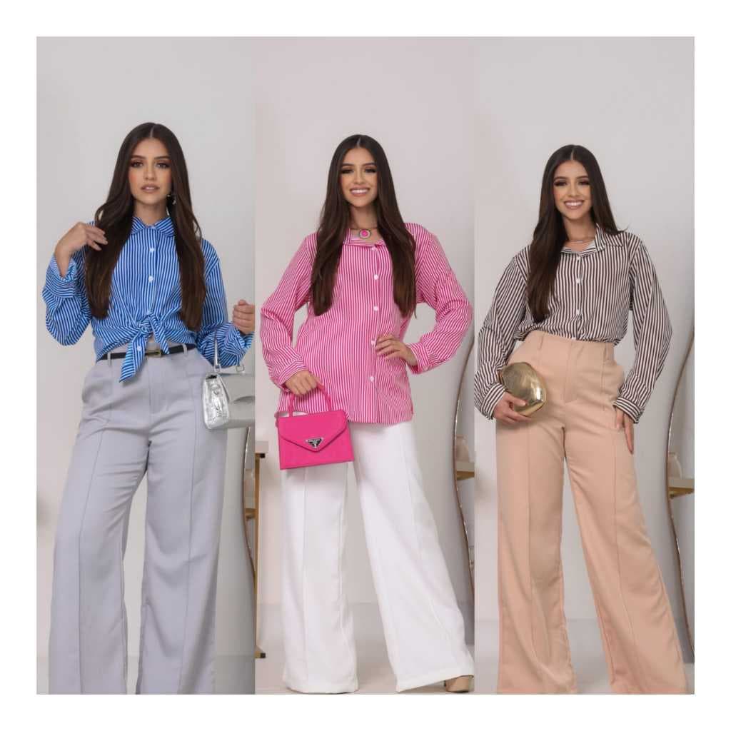 CAMISA SOCIAL FEMININA LISTRADA COM MANGA LONGA E PUNHO –ESTILO CASUAL CHIC