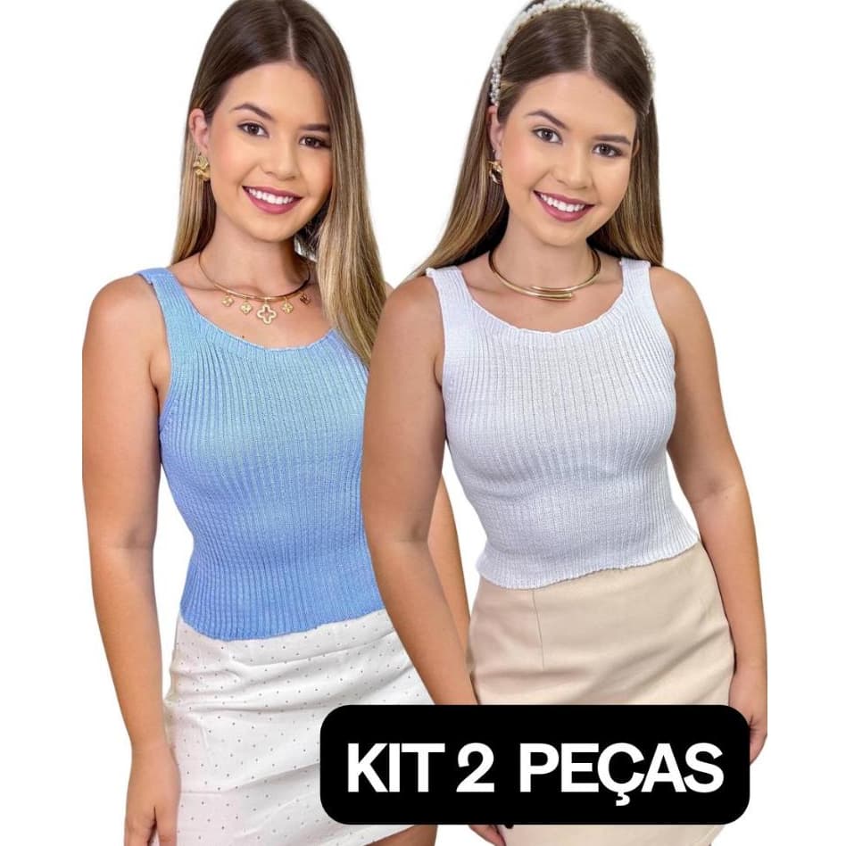 KIT 2 PEÇAS Cropped Top Canelado Tricot curto tricô moda blusa feminino