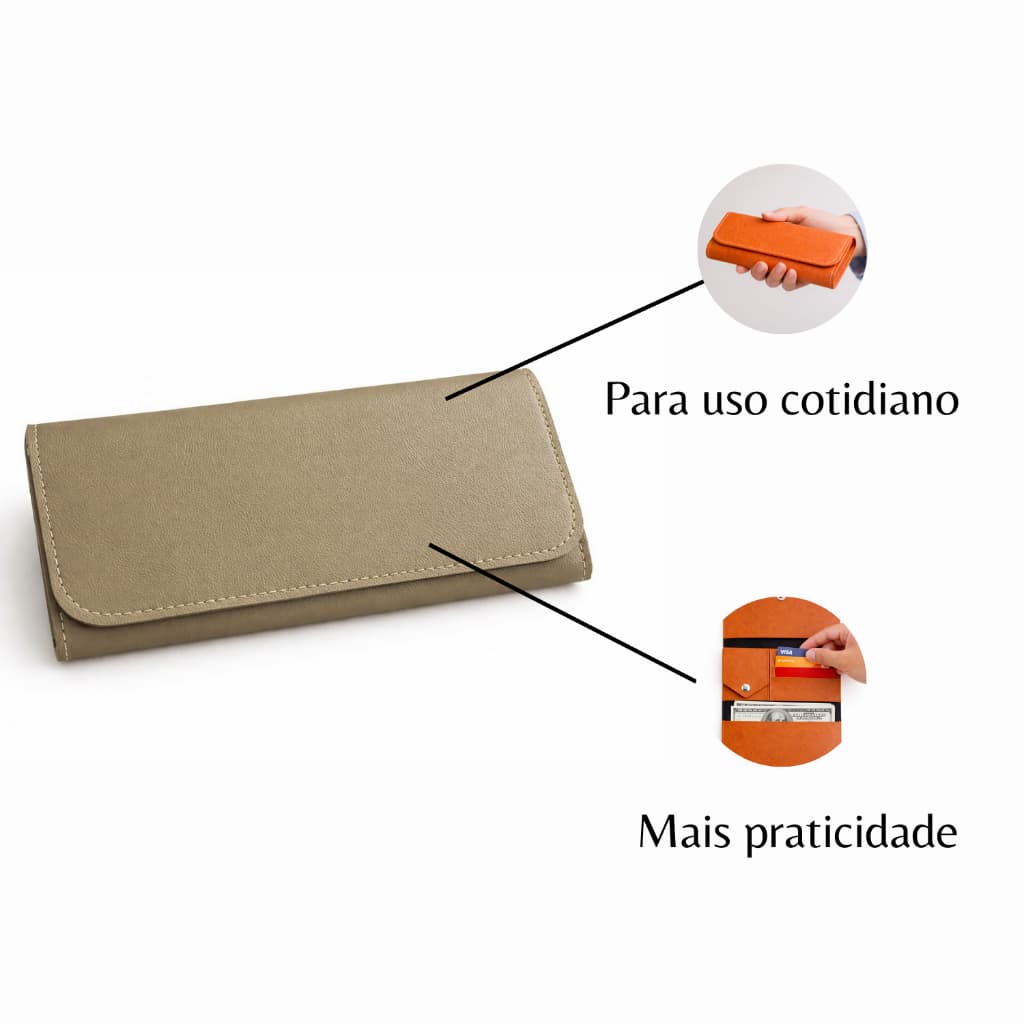 Carteira Feminina de Couro Sintético Bege Claro Porta Cartão
