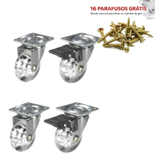 Kit 4 Rodízios P/ Móveis Rodinhas Giratória de Silicone Com Freio e Reforçada