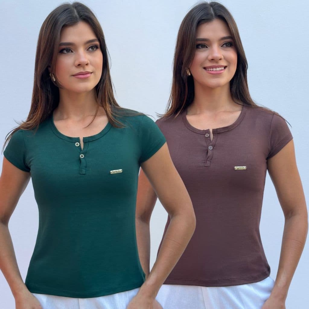 Kit 2 Blusas Femininas Viscolycra Baby Look Decote em Botões Confortáveis e Elegantes