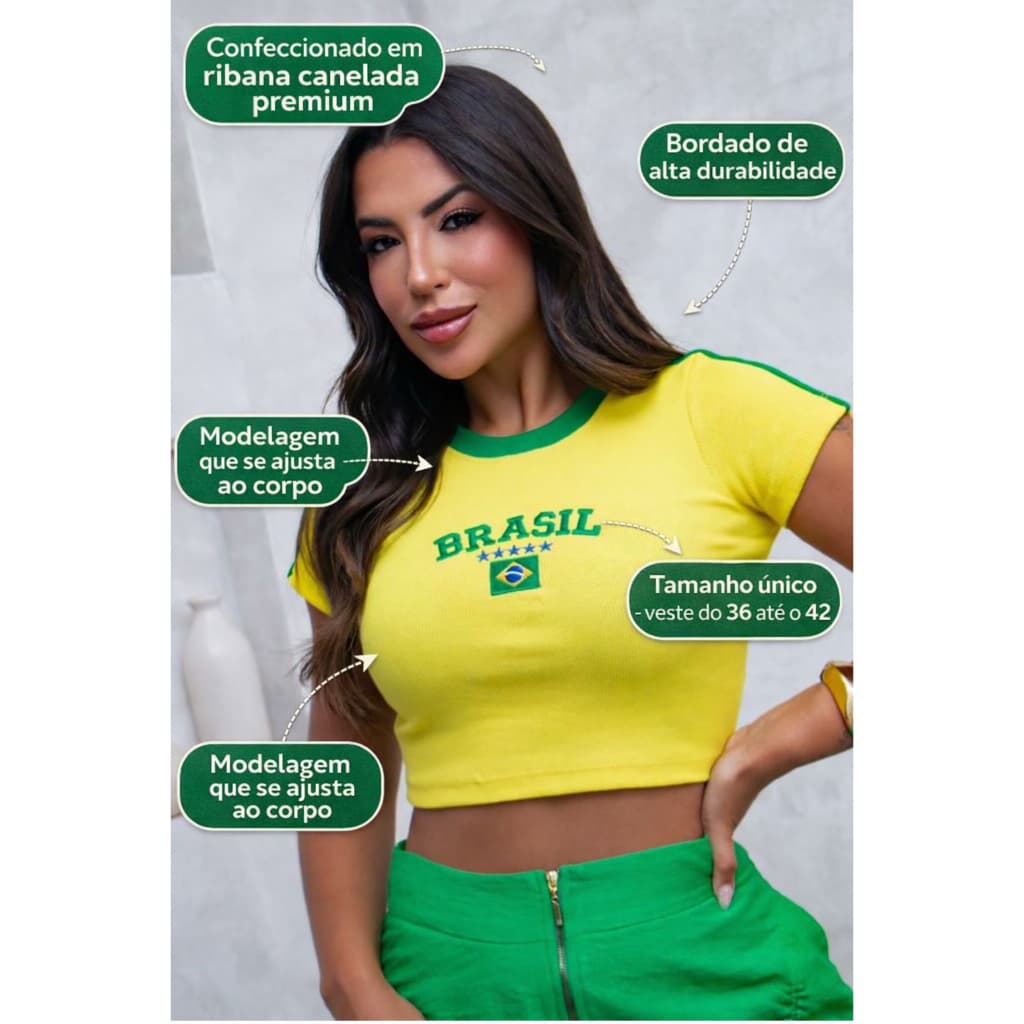 Blusa Baby Look Cropped Brasil Feminina Canelada Bordada Estrelas Copa do Mundo 2026 Torcedora