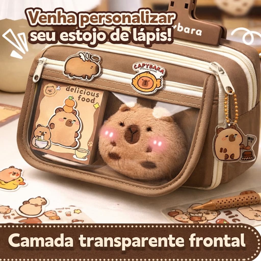 Estojo de Lápis capivara grande capacidade impermeável com 2 adesivos 1 Broche kawaii estilo coreano