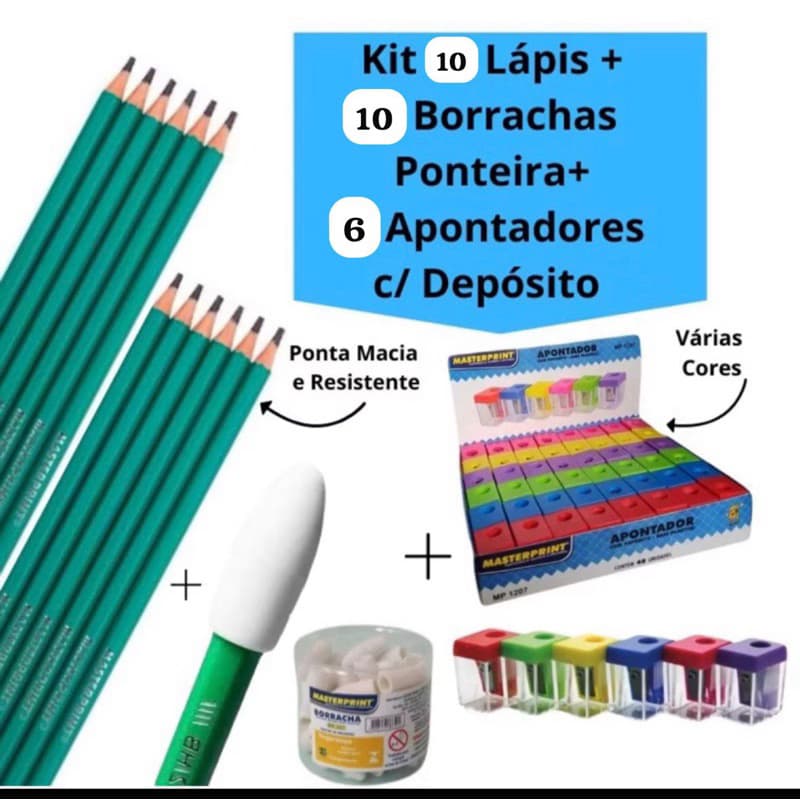 Kit 10 lápis de Escrever Nº2 Preto + 10 Borracha Ponteira Branca + 6 Apontador com Depósito Escolar Escola Estudo