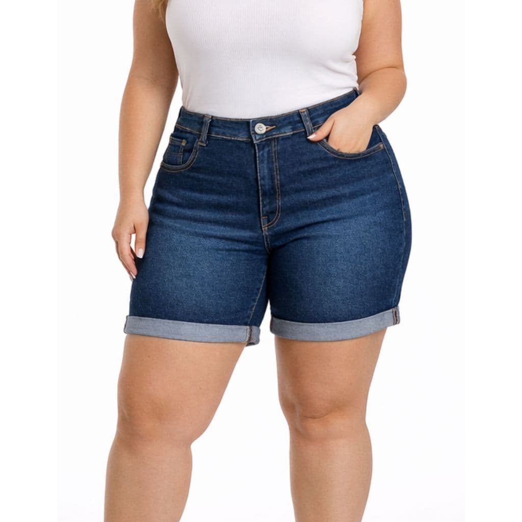 Bermuda Jeans Feminina Plus Size Com Lycra – Cintura Alta, Confortável e Moderna com Barra Dobrada