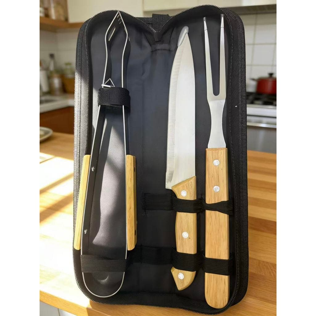 Kits de Churrasco 3 Peças de Aço Inox Premium Práticos e Duráveis