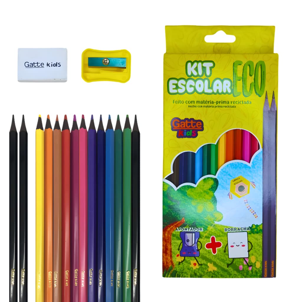 Kit Escolar Lápis 12 Cores + Grafite + Borracha + Apontador Colorido