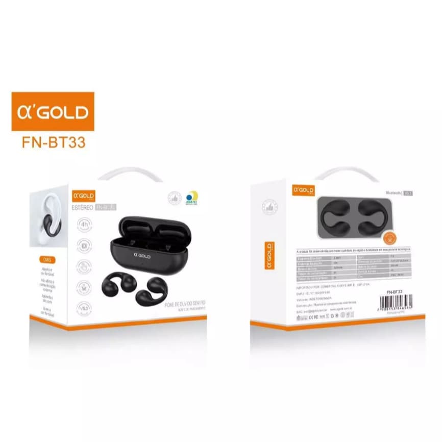 Fone de Ouvido Bluetooth α’GOLD FN-BT33 TWS Estéreo OWS Bluetooth 5.3 4h Conforto Open-Ear