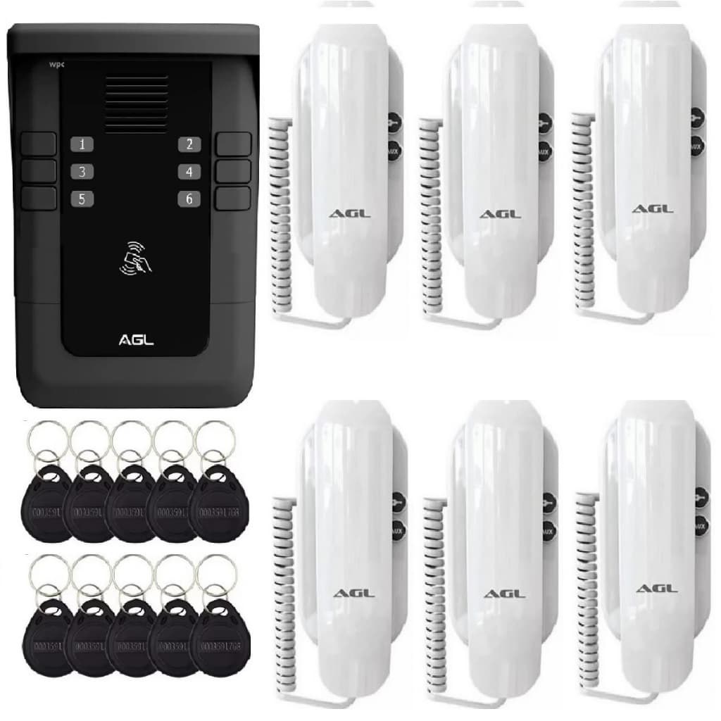 Kit porteiro coletivo S500 6 pontos com 6 interfones S100 e 12 Tags AGL