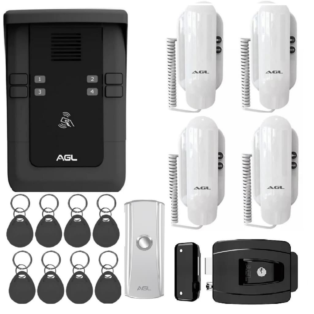Kit porteiro coletivo S500 4 pontos com 4 interfones S100 8 Tags botoeira e fechadura AGL