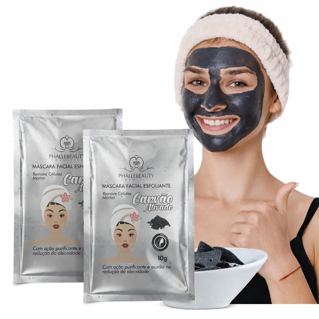 Kit Máscara Facial Esfoliante carvão Ativado Sachê 10g - Phallebeauty