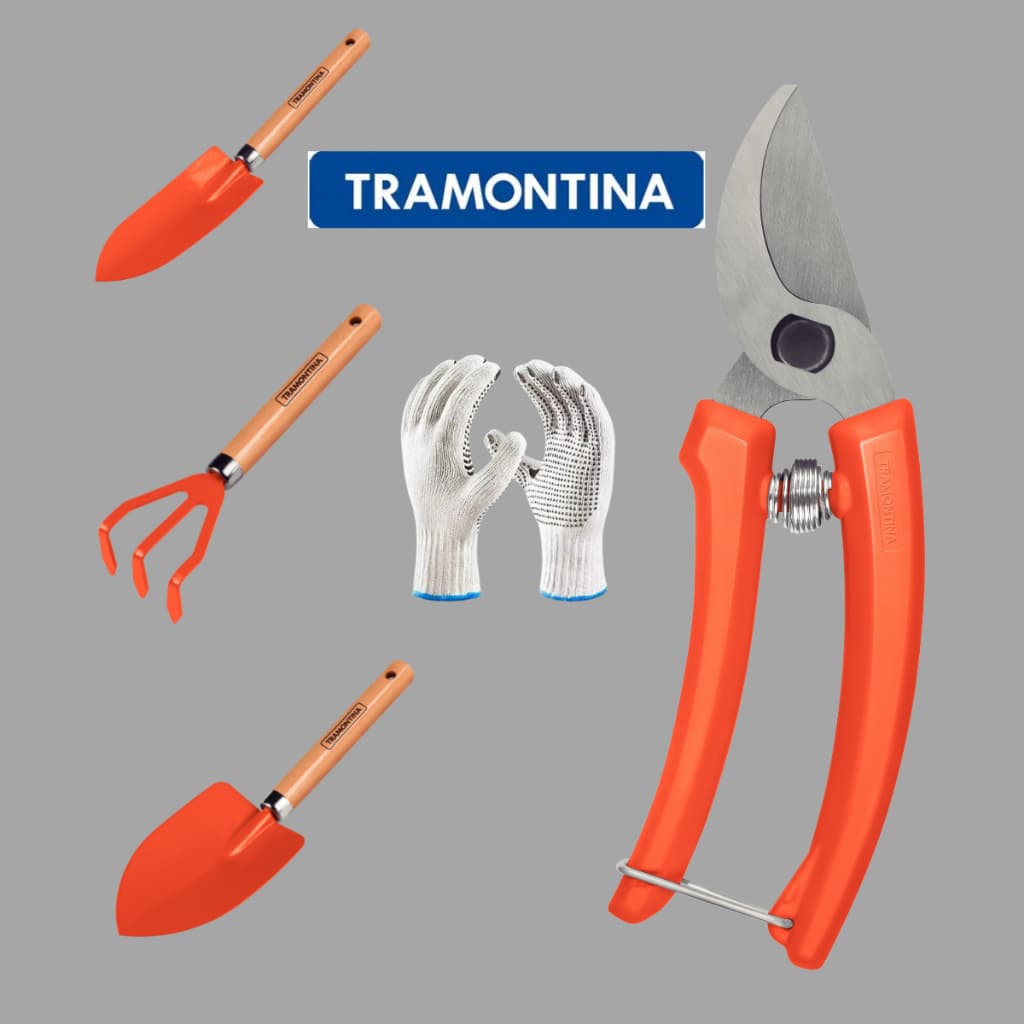 KIT JARDINAGEM TRAMONTINA 4 PEÇAS DE FERRAMENTAS PARA JARDINAGEM + LUVA BRINDE