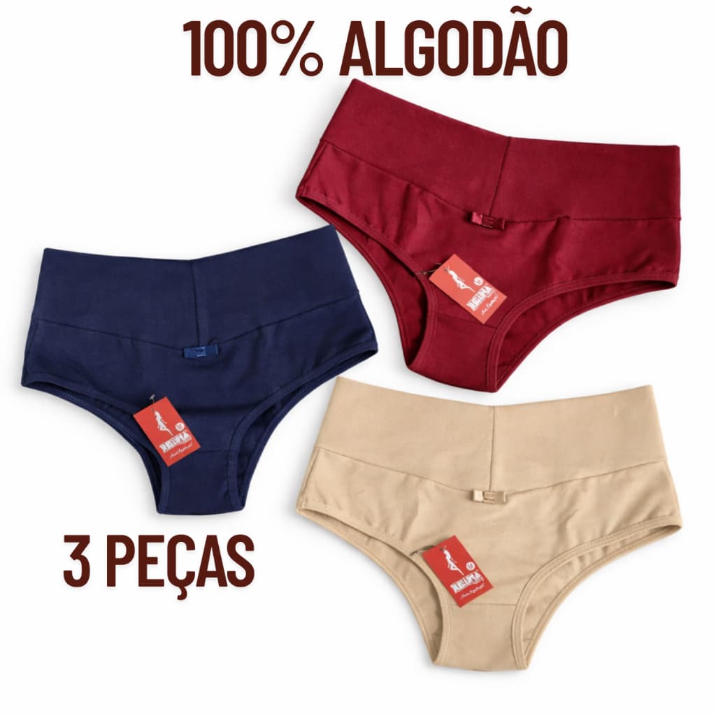 Kit 3 Calcinhas de algodão cintura alta Cós alto - 100% algodão Confortável