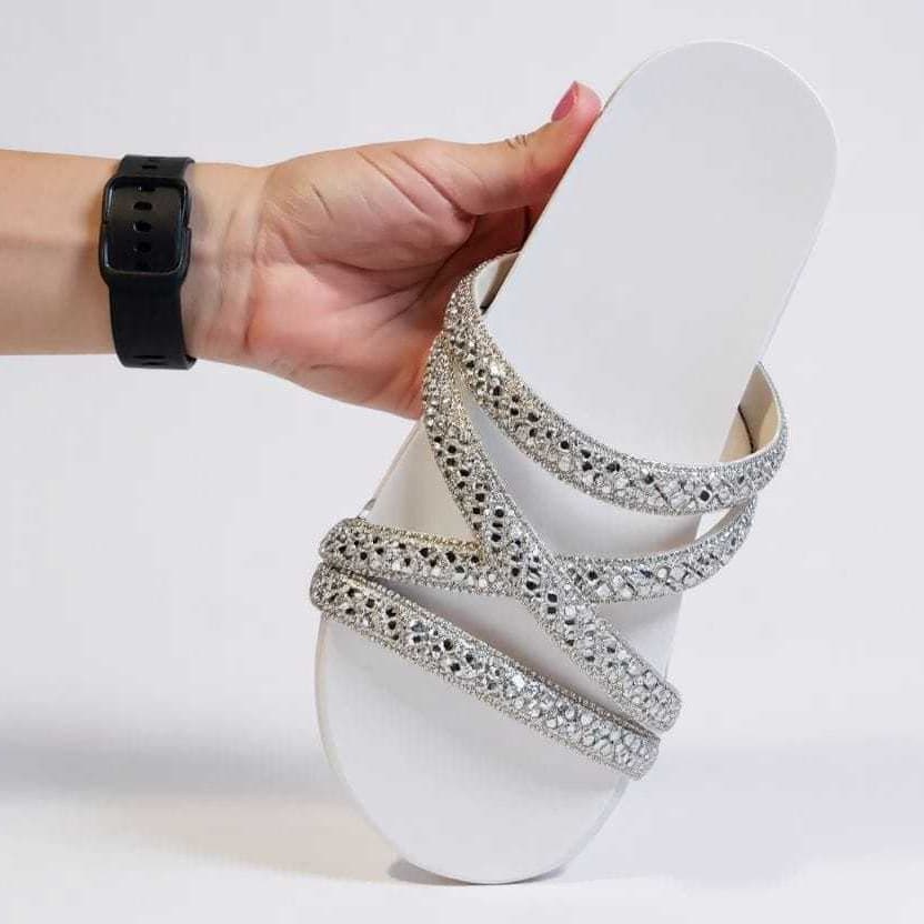 Sandalia Papete Feminina Brilho Birken Rasteira com Strass Confortável Macia e Delicada