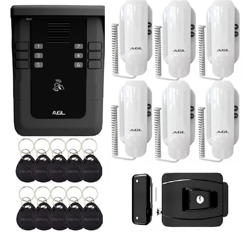 Kit porteiro coletivo S500 6 pontos com 6 interfones S100 e 12 Tags e fechadura AGL