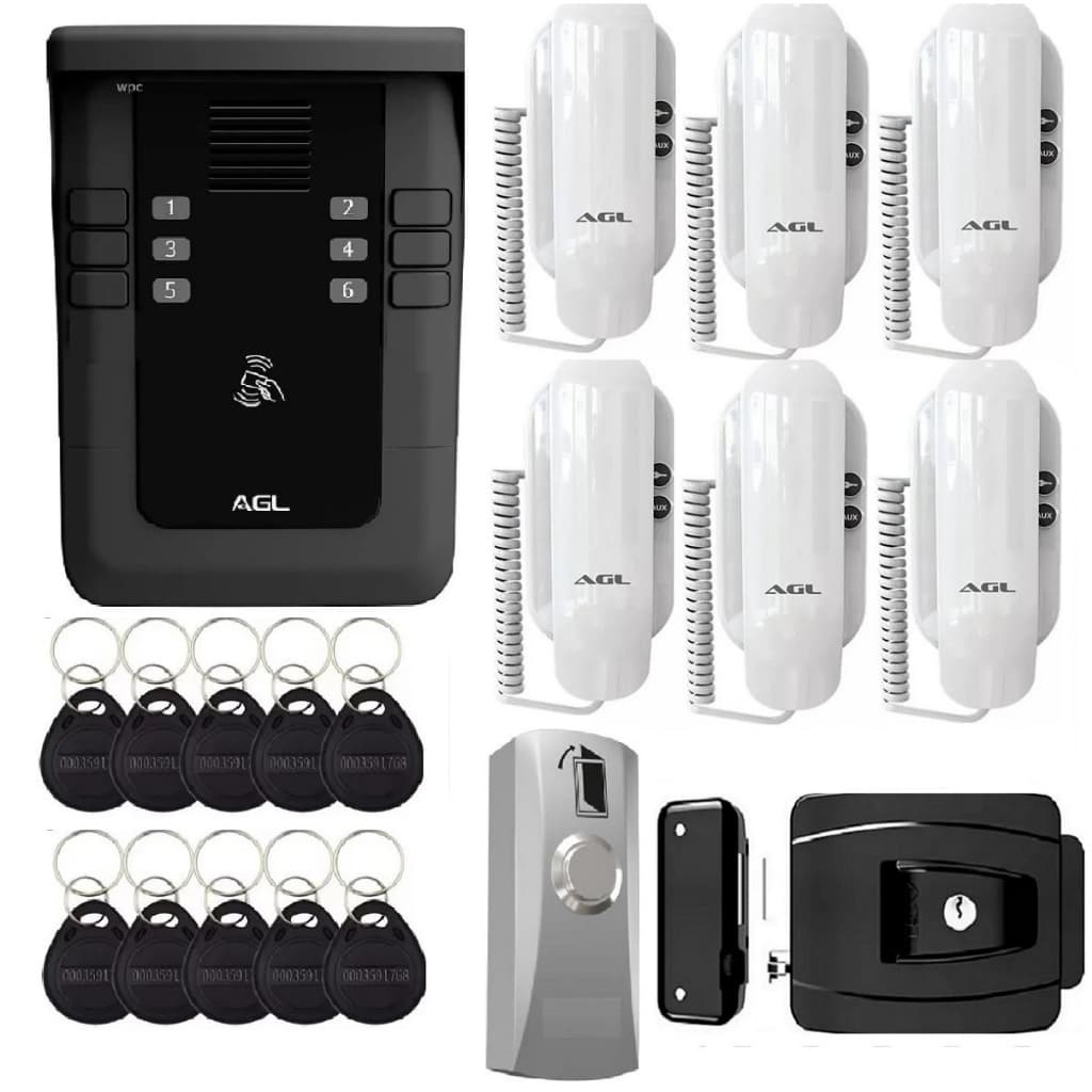 Kit porteiro coletivo S500 6 pontos com 6 interfones S100 12 Tags fechadura e botoeira AGL