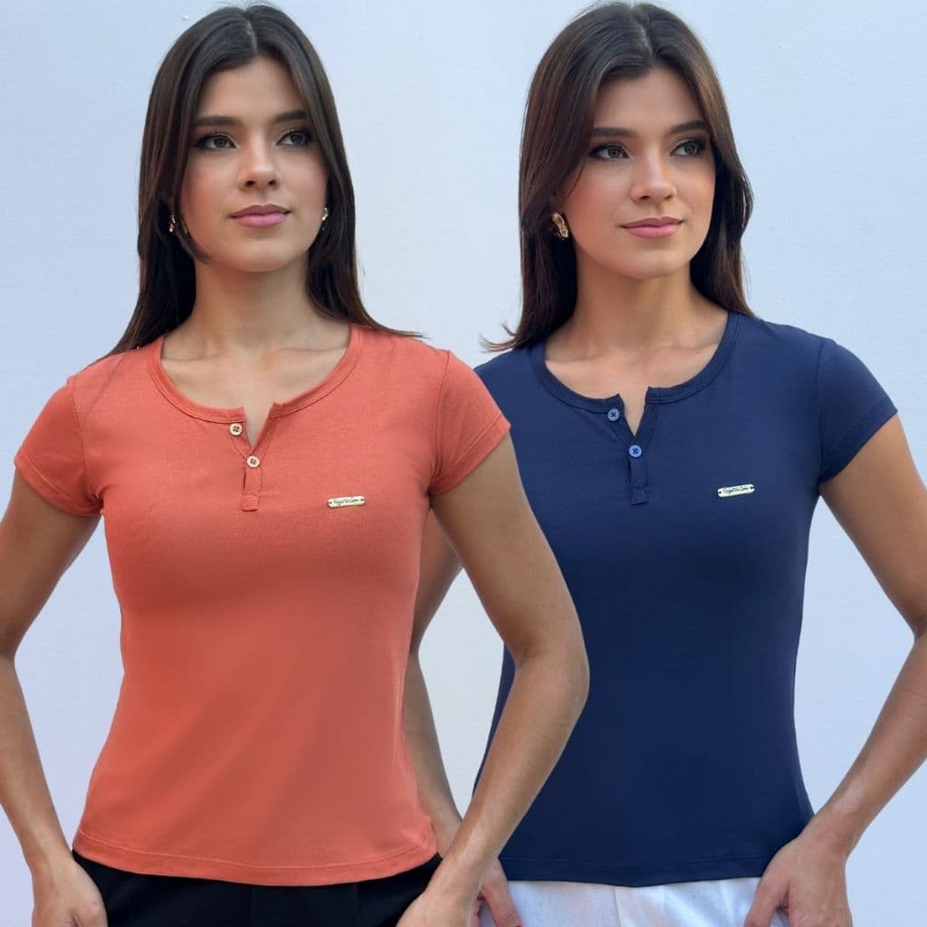Kit 2 Baby Look Feminina Casual Elegante em Viscolycra com Botões Frontais Basica Manga Curta Moda Elegante