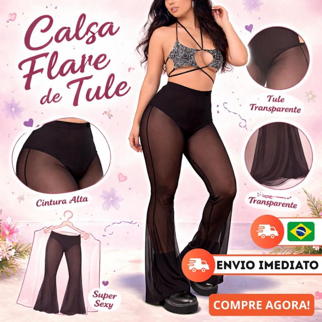 Calça Flare Feminina Tule Transparente Preta Cintura Alta Festa Balada Boho Elegante Verão