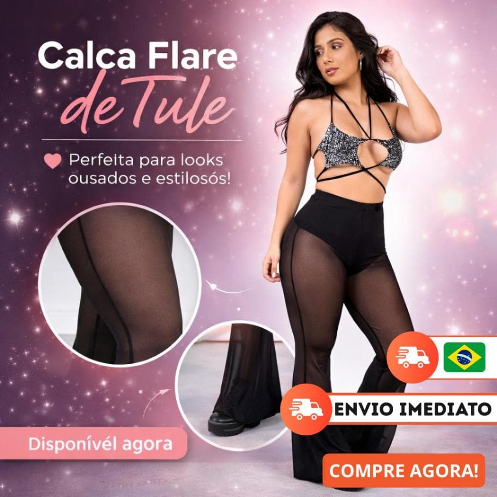 Calça Flare Feminina Tule Transparente Cintura Alta Boho Elegante Festa Balada Rock Verão