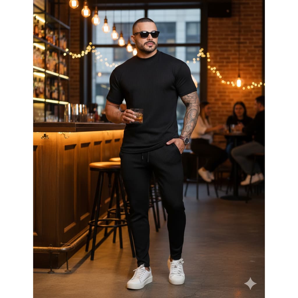 Conjunto Masculino Canelado Ribana Calça e Camiseta Slim Fit Cós Elástico Premium