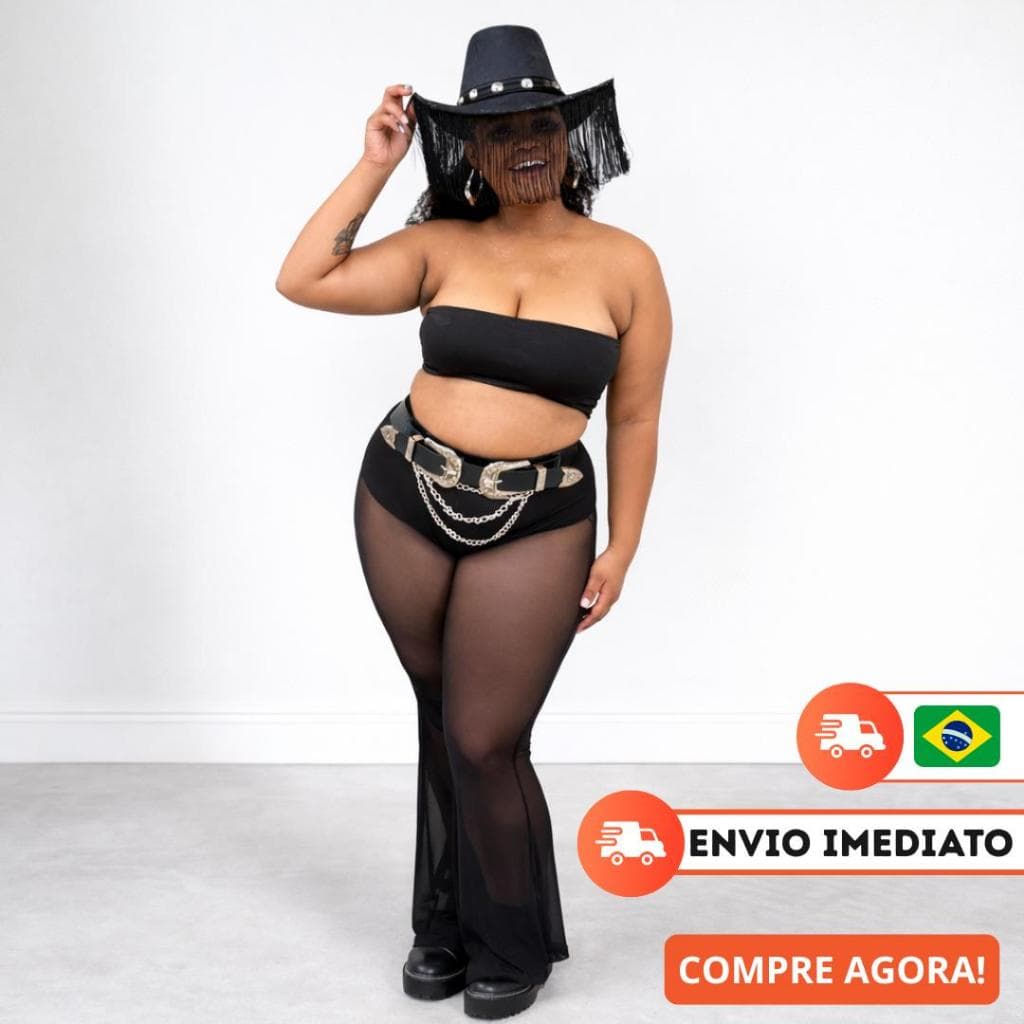 Calça Flare Feminina Tule Preta Transparente Cintura Alta K-Pop Dance Idol Balada Festa