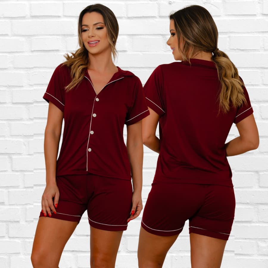 Pijama curto americano com shorts baby doll de botões Suede promoção Blogueirinha